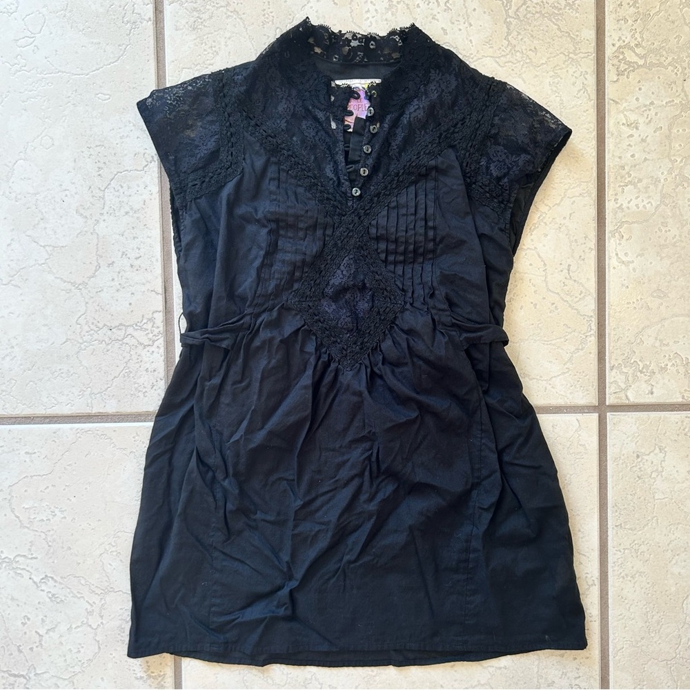 Vtg Y2K Free People Blouse Babydoll Black Lace Trimmed With Tie Size 4